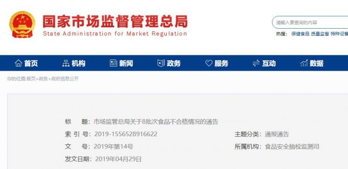 市场监管总局通报8批不合格食品  天猫网站3批次