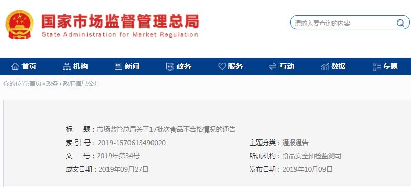 市场总局通报17批次不合格食品
