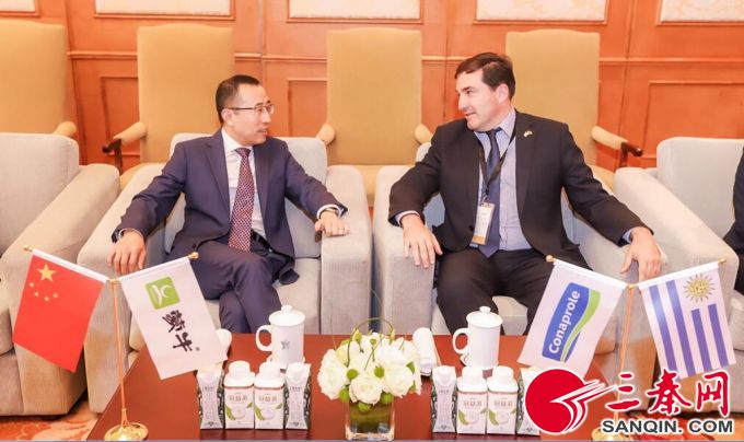 蒙牛集团总裁卢敏放与乌拉圭驻华大使FernandoLugris交谈