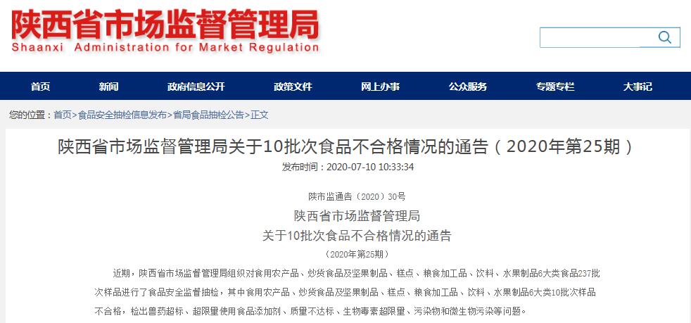 陕西通告10批次不合格食品  2批次与“秦食”有关
